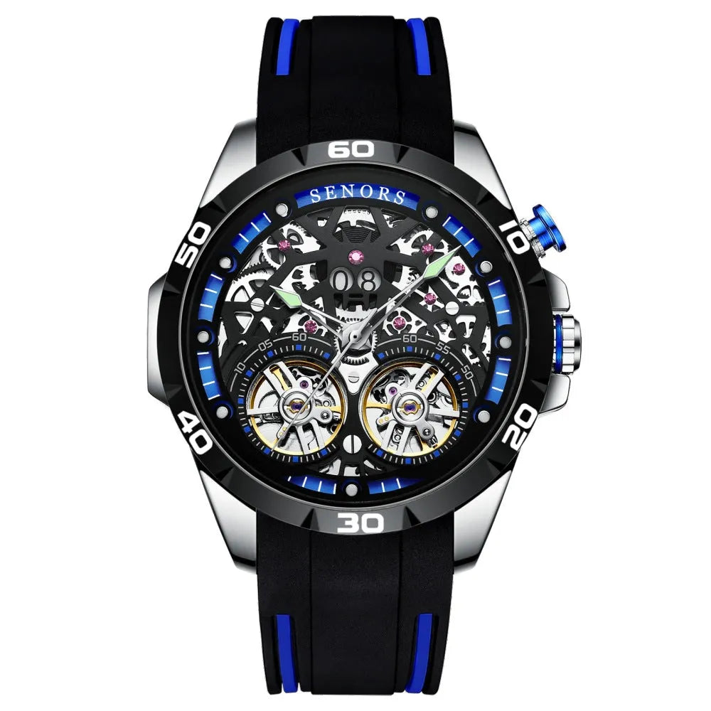 Automatic mechanical men's watch with luminous hollow design showing movement, 14mm thickness