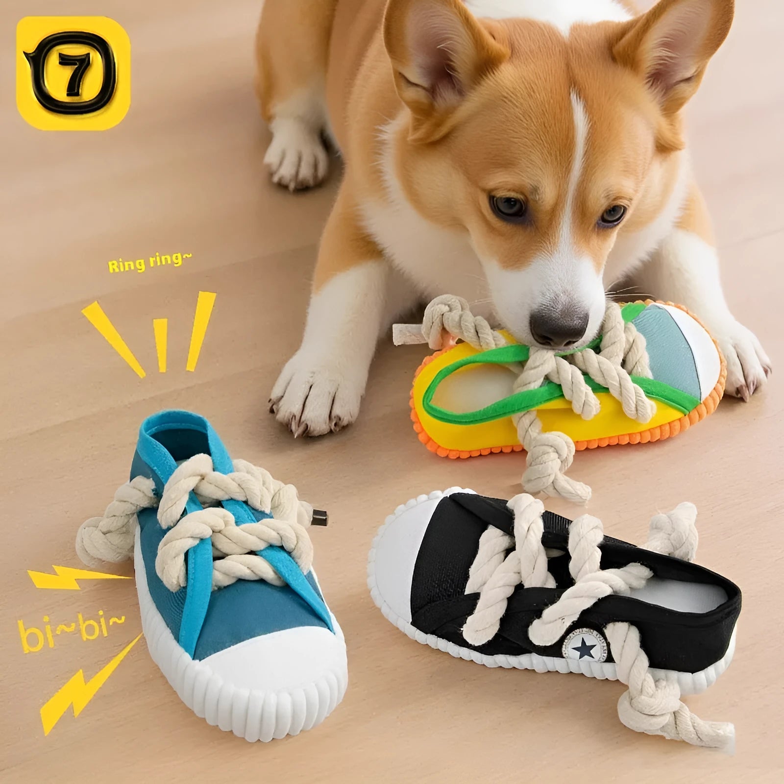 Plastic dog sound slippers chew toy in yellow, black, or blue with squeaker and textured bends