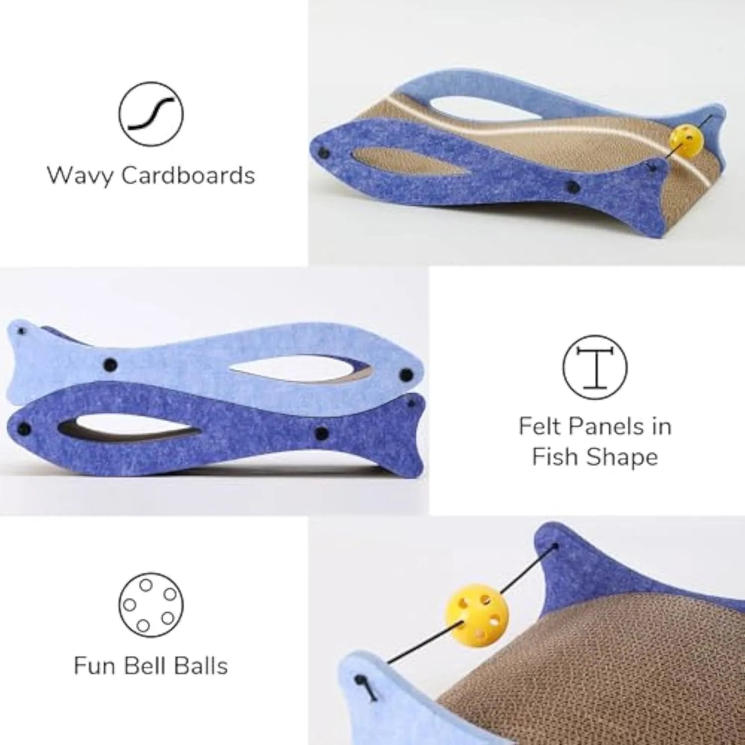 Blue fish-shaped cat scratcher pad with corrugated cardboard surface, ball toys, and wavy lounge area.