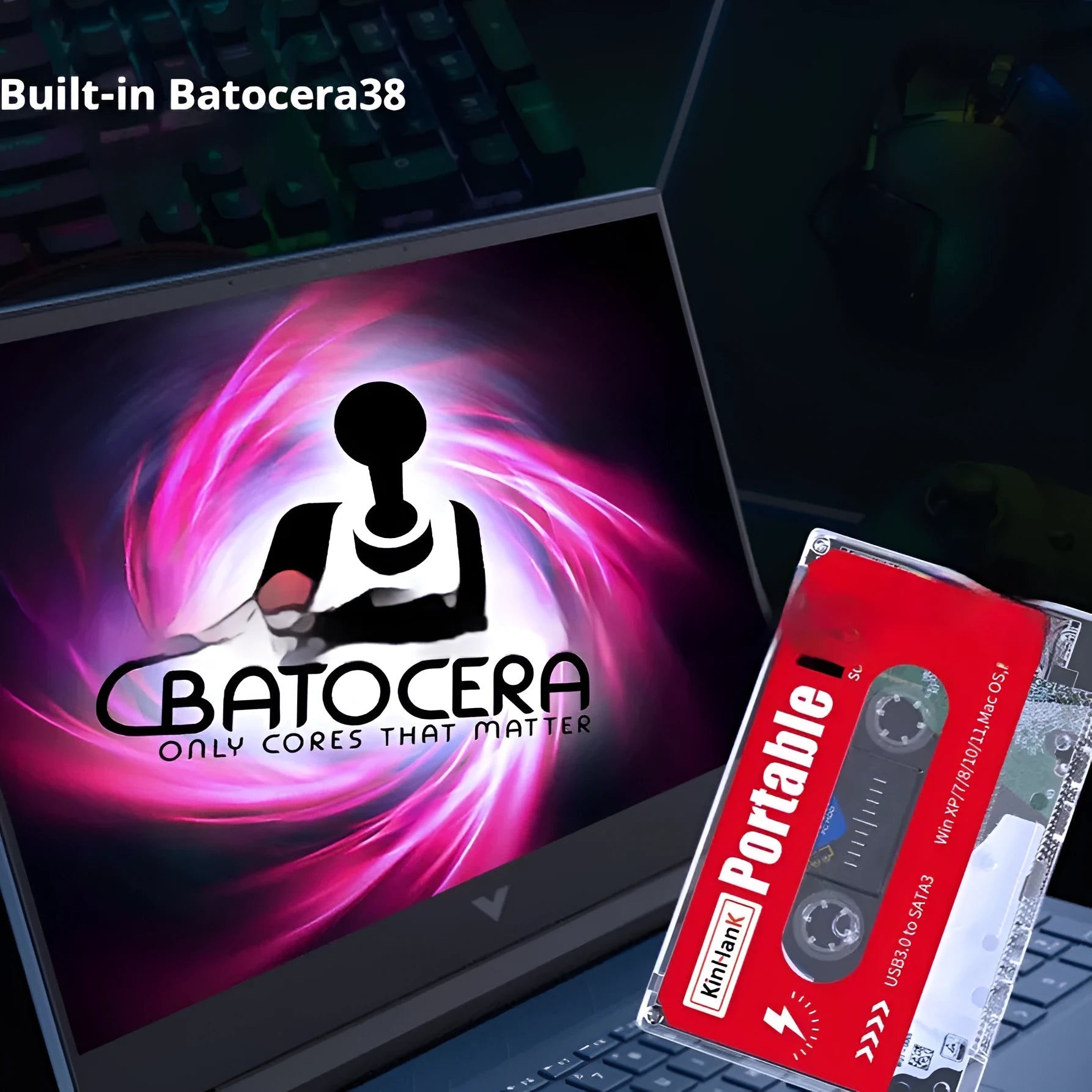 External 2TB mechanical hard drive for mobile gaming with USB cable and compact PC enclosure