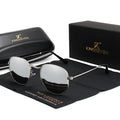 Classic round-frame sunglasses for men in various colours on a white background.