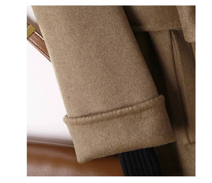 Men's tailored wool coat with long suit collar in black and caramel colour options