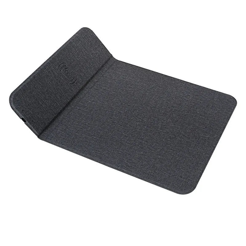 Foldable cloth phone stand open, showing wireless charging of a smartphone at an angle