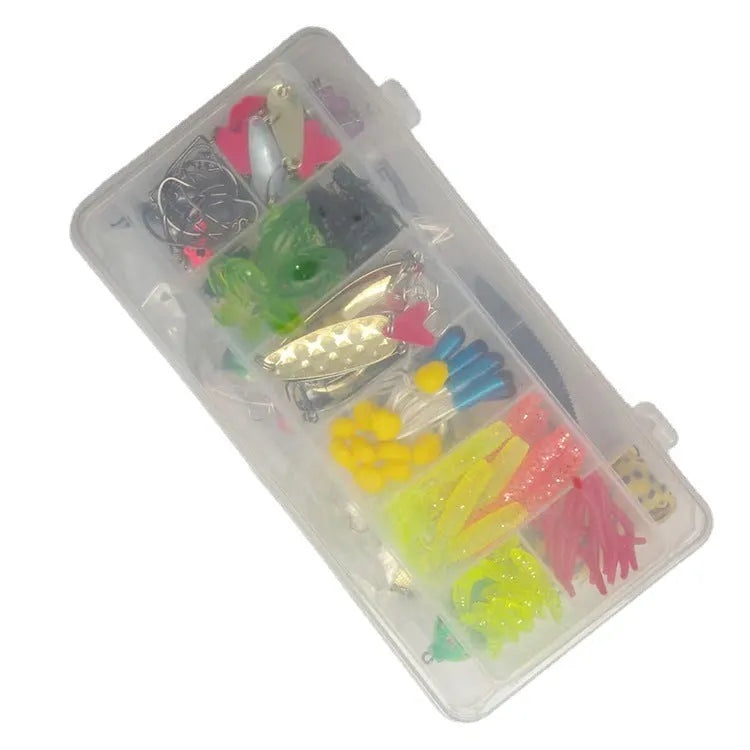 142-piece fishing lure suit kit showing hard minnow lures, sequin lures, hooks, and metal fishing pliers on a blue background