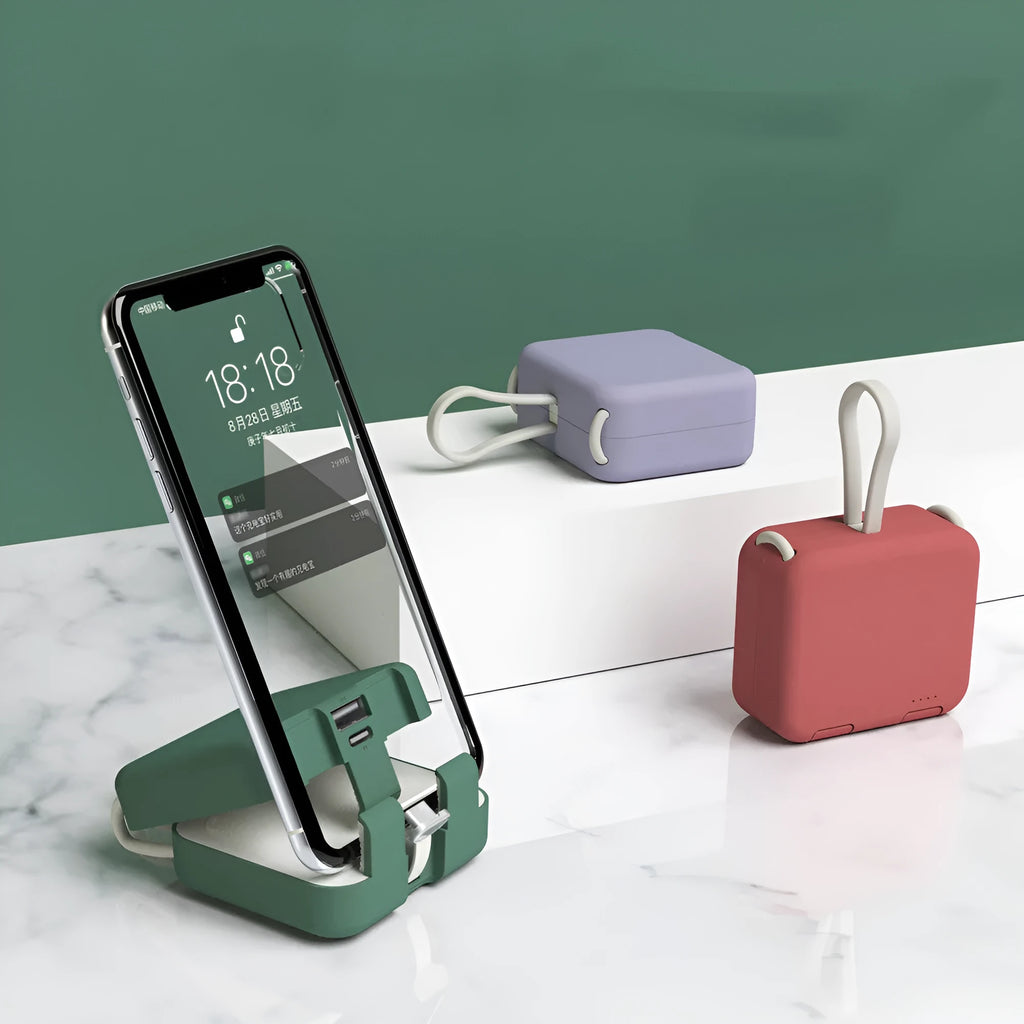 Handbag back clip power bank in blue, showing clip, phone stand function, and Type-C/Lightning ports.
