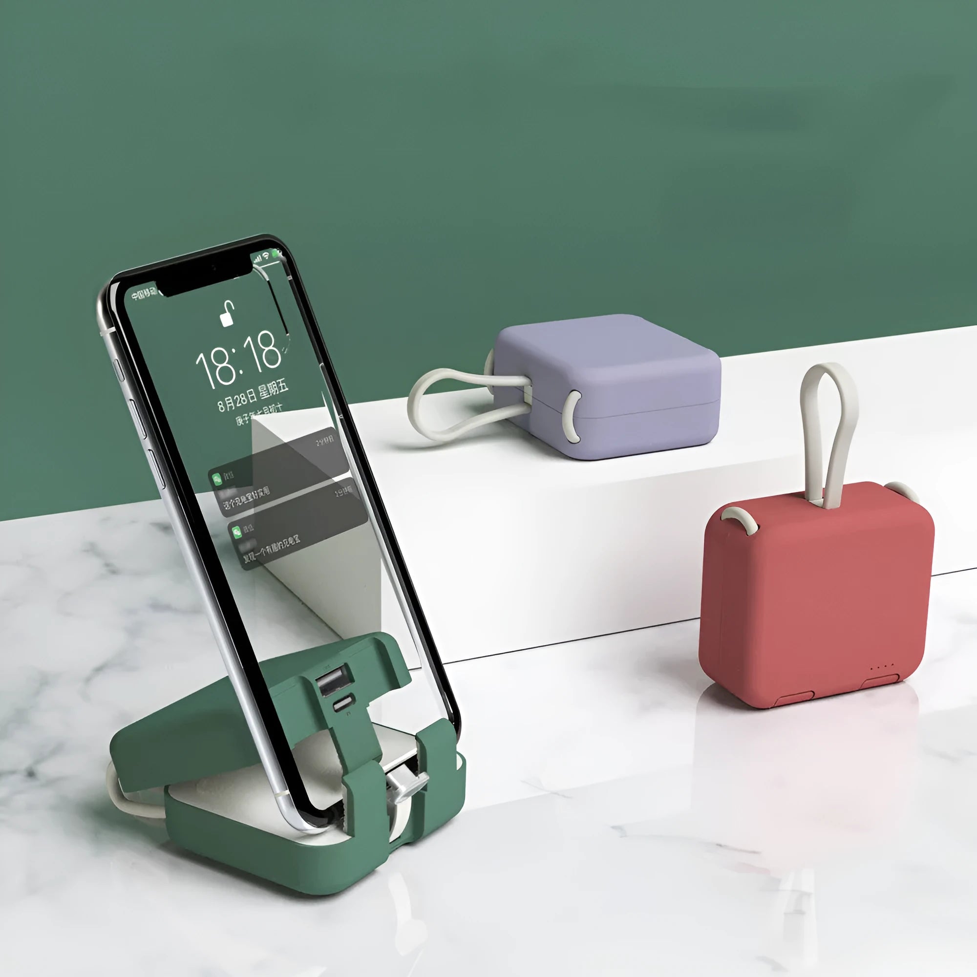 Handbag back clip power bank in blue, showing clip, phone stand function, and Type-C/Lightning ports.