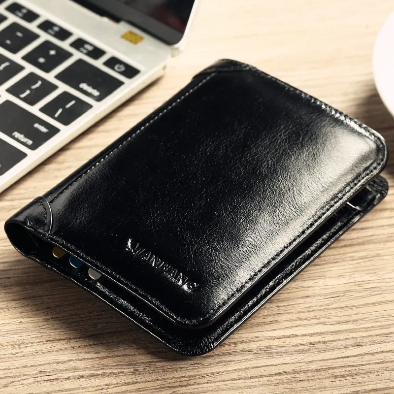 Men's leather wallet showing multiple internal compartments including card slots, coin pocket and photo window