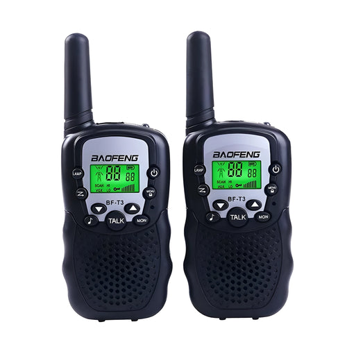Child's handheld walkie talkie in choice of colours showing 22-channel display and UHF frequency range.