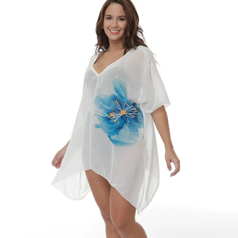 White plus size beach cover-up blouse for swimming with loose fitting design