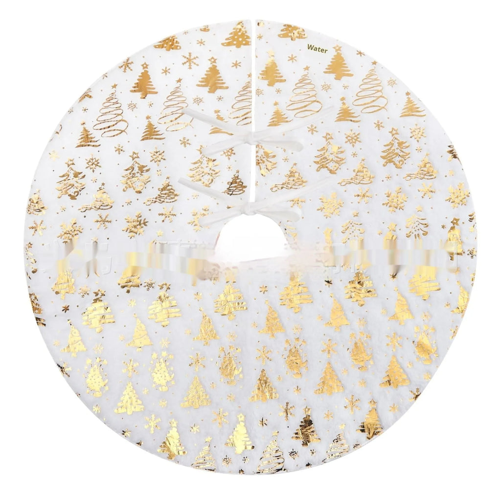 Plush Christmas tree floor mat with detailed gilding snowflake design, shown in multiple sizes.
