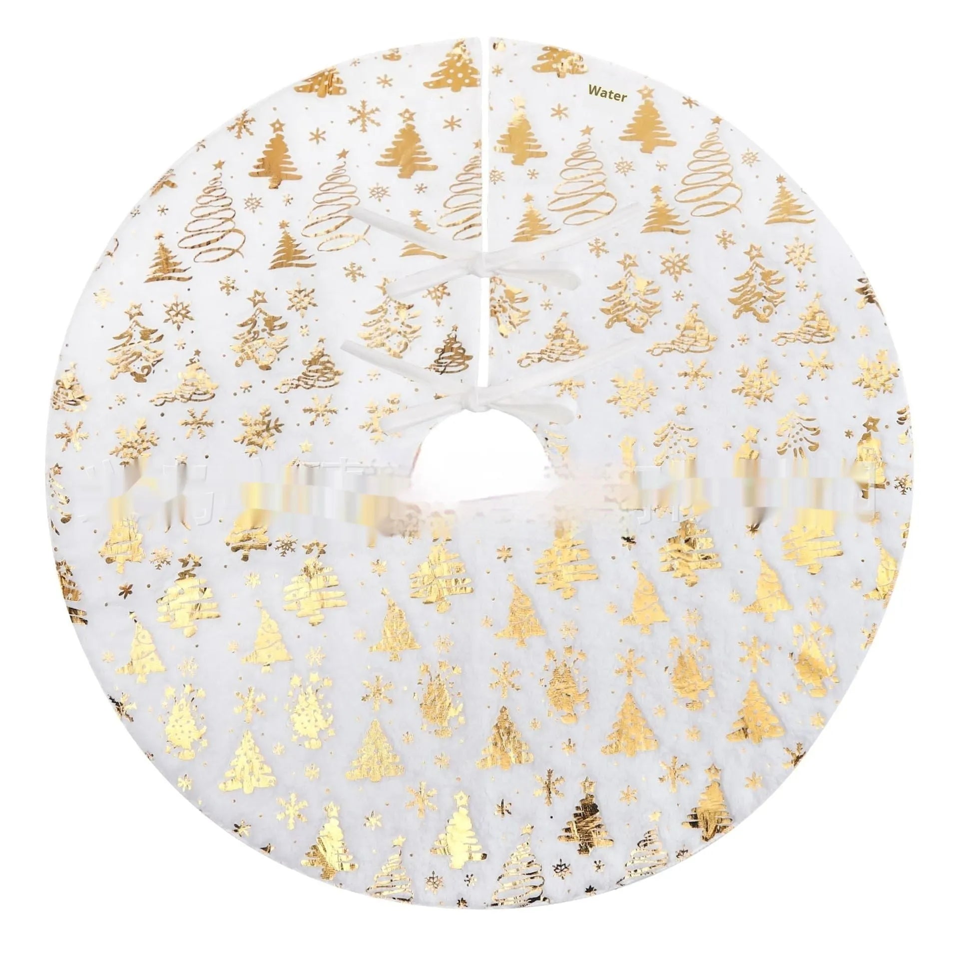 Plush Christmas tree floor mat with detailed gilding snowflake design, shown in multiple sizes.
