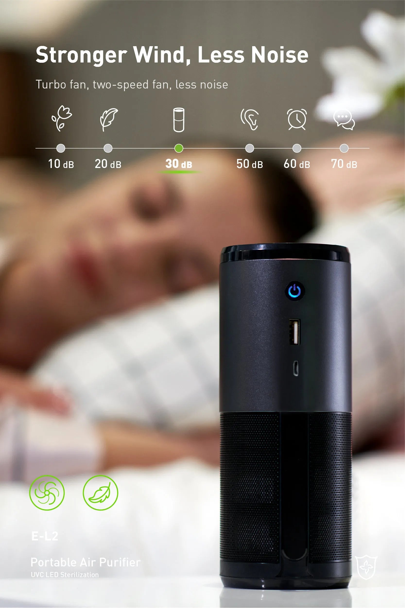 Portable mini car air purifier in black or rosebox colour with USB charging cable