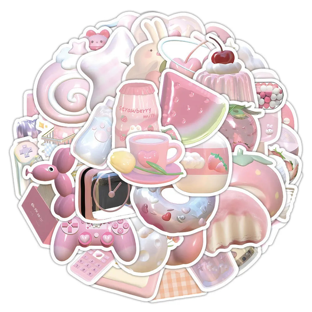 Pink girl heart realistic 3D decorative stickers in a cute style, 63 pieces per pack.