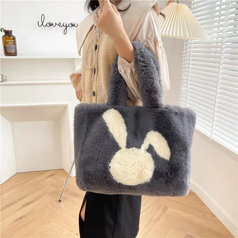 Plush rabbit ears tote bag in solid colour with shoulder strap and large capacity design