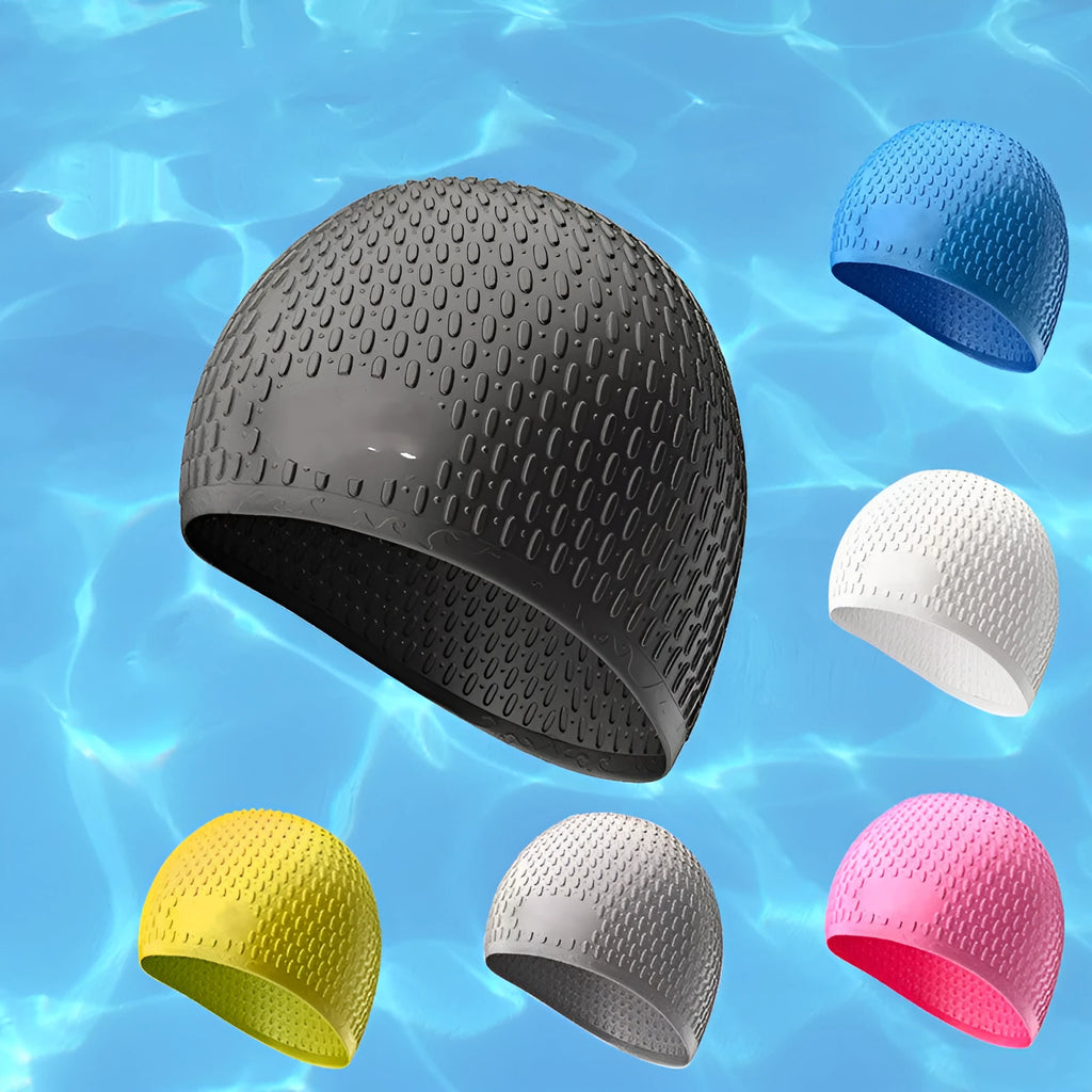 Silicone water drop design swimming cap for adults shown in various colours.