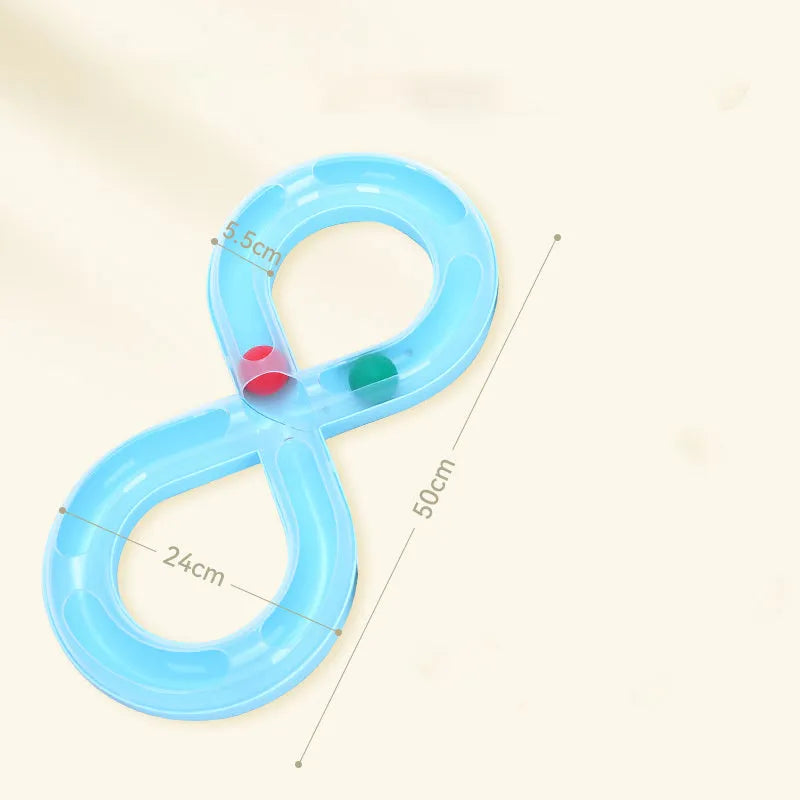 Blue and white cat toy with turntable track ball and teasing stick for interactive feline play