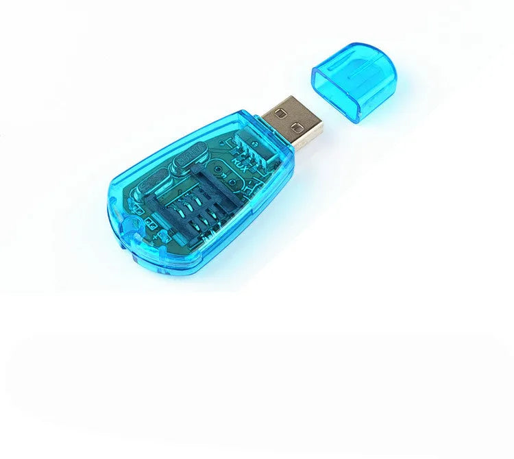 Blue USB SIM card reader for mobile phone data management on computer