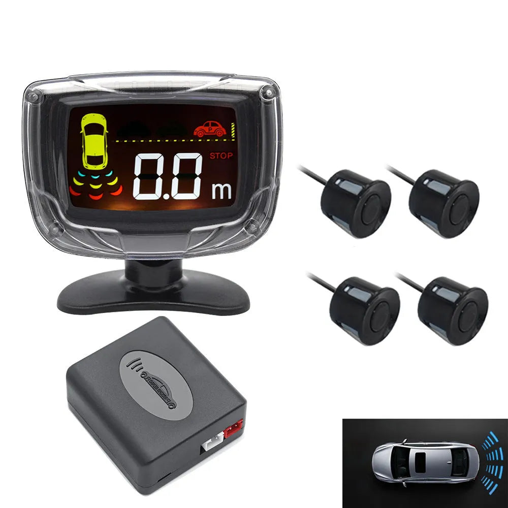 Intelligent wireless reversing sensor system with digital display, LED light bar, and four vehicle probes.