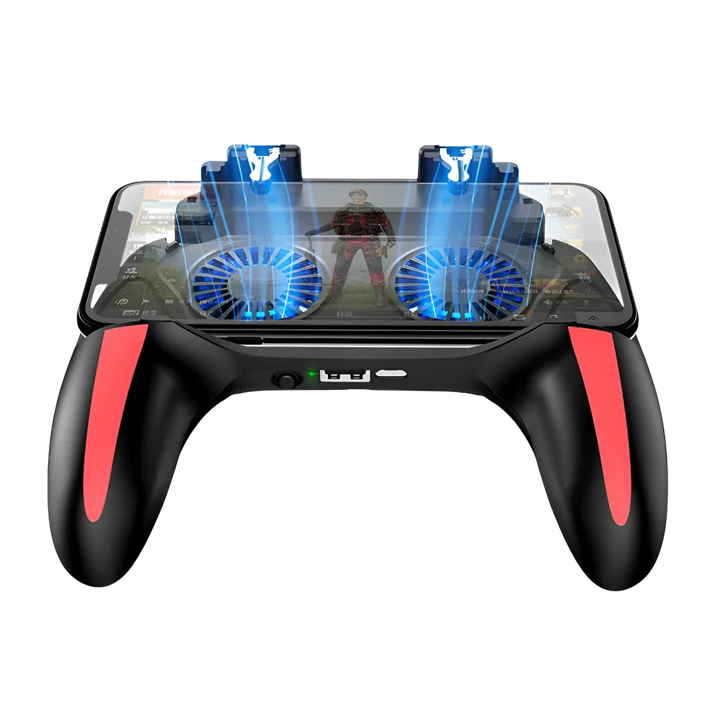 H10 mobile phone game cooling controller with touch screen, shown attached to a smartphone.