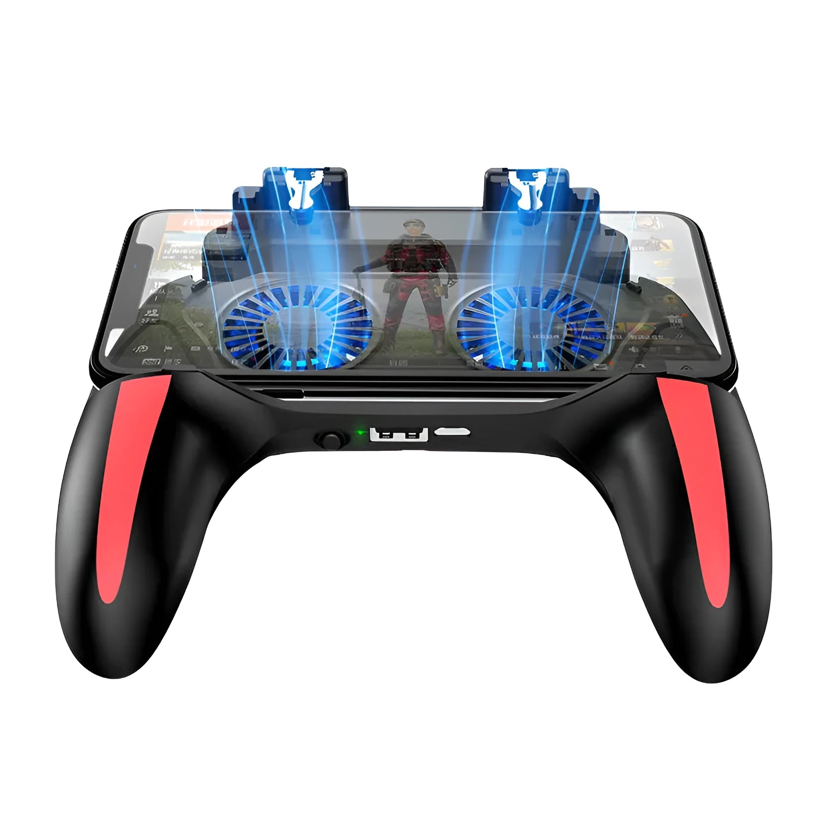 H10 mobile phone game cooling controller with touch screen, shown attached to a smartphone.