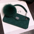 Soft plush TPU hairball phone case in a dark green grid pattern for iPhone.
