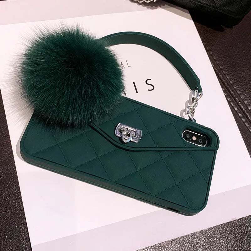 Soft plush TPU hairball phone case in a dark green grid pattern for iPhone.