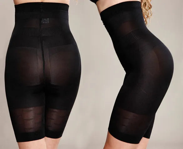 Black high-waisted seamless shapewear shorts for women laid flat.