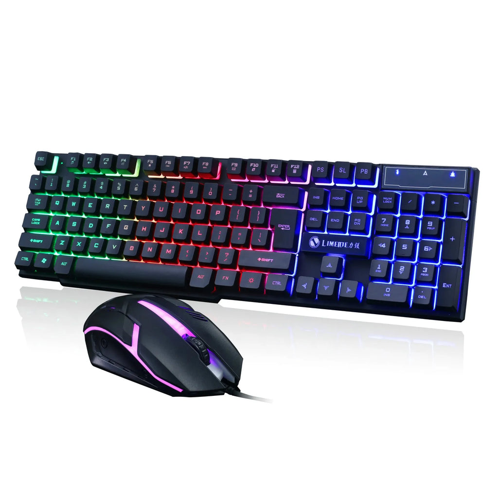 Limei GTX300 black and white gaming keyboard and mouse set with backlit keys on desktop