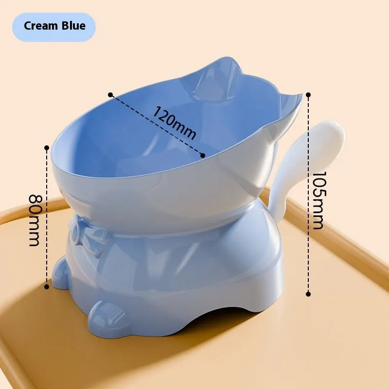 Stainless steel oblique anti-fall cat bowl in black, blue, pink, and yellow colour options.