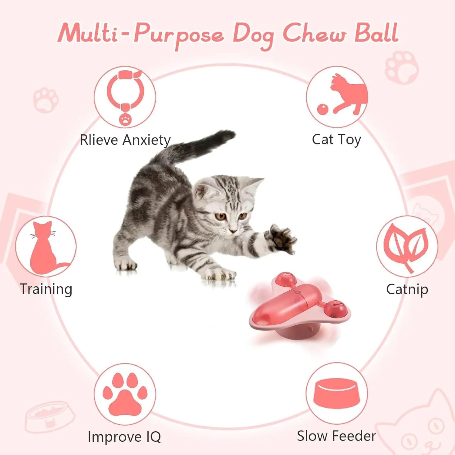 Blue interactive pet puzzle toy with treat cabin, bell, and catnip attachments on suction cup base
