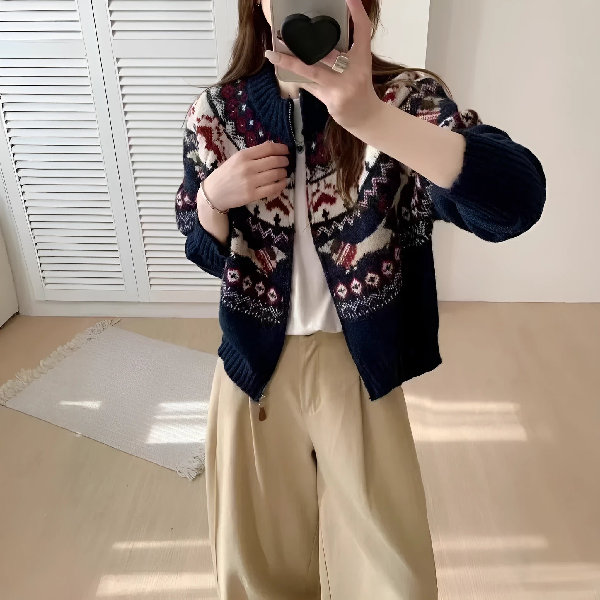 Ethnic jacquard round neck pullover sweater in loose fit with 3D pattern
