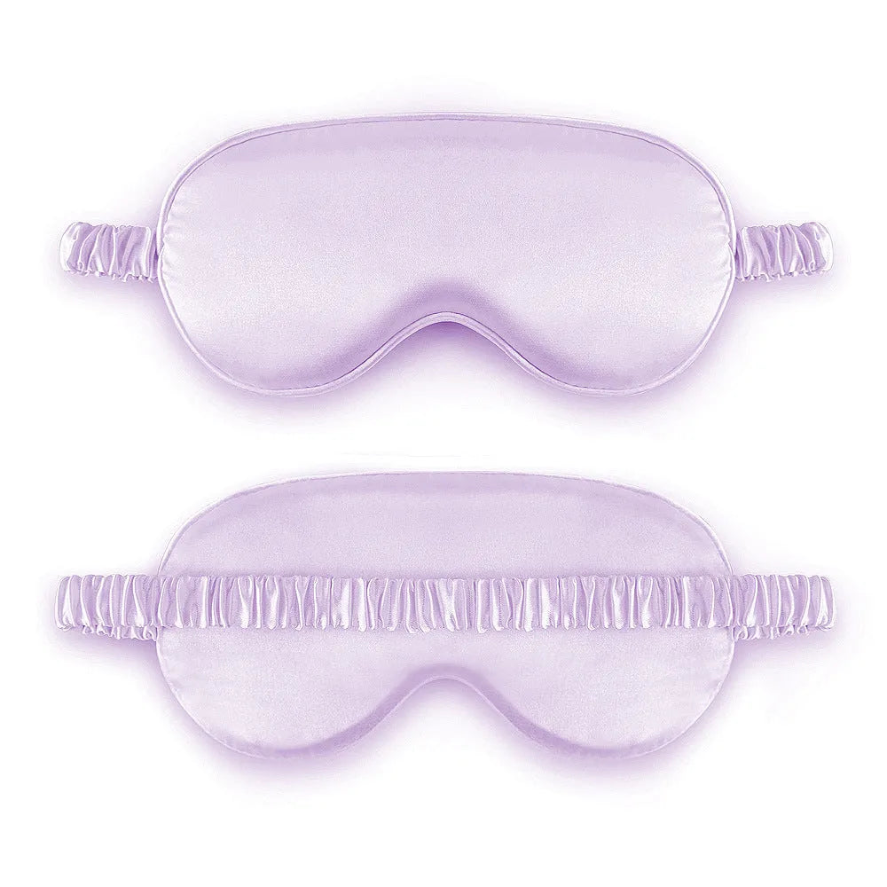 Double-sided Rayon elastic satin sleep mask shown in multiple colour options including sky blue, black, wine red, and light pink.