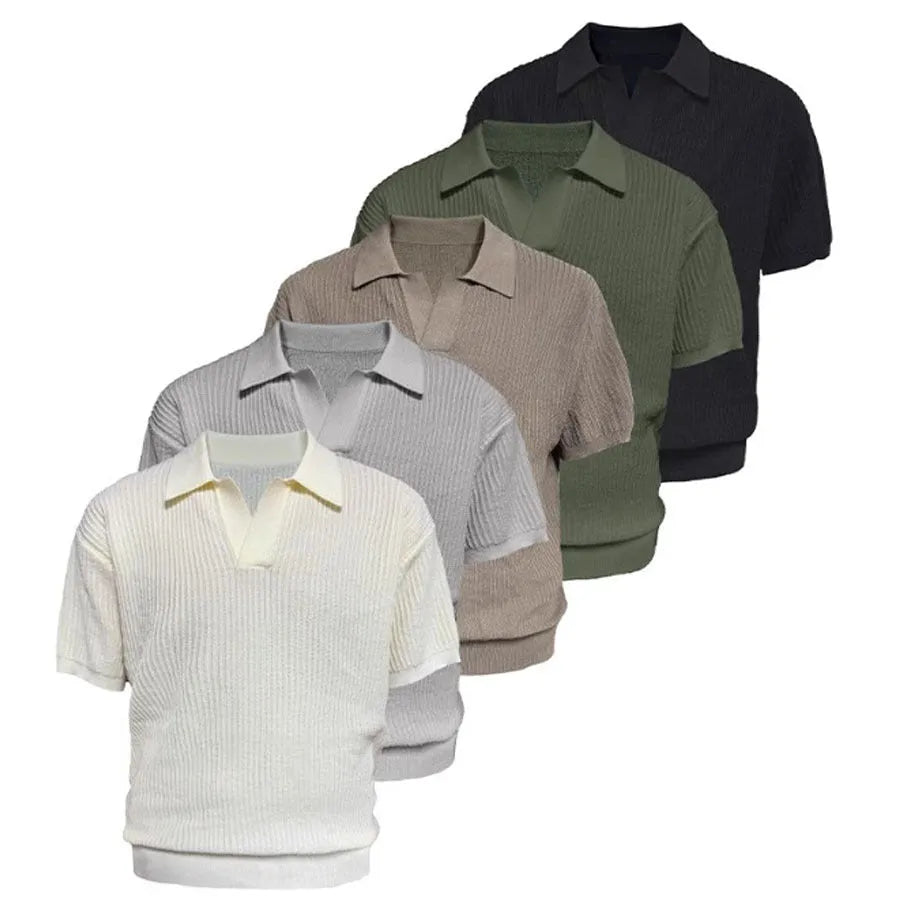 Men's business style polo shirt with striped collar in ice silk fabric, available in creamy-white, black and grey colours