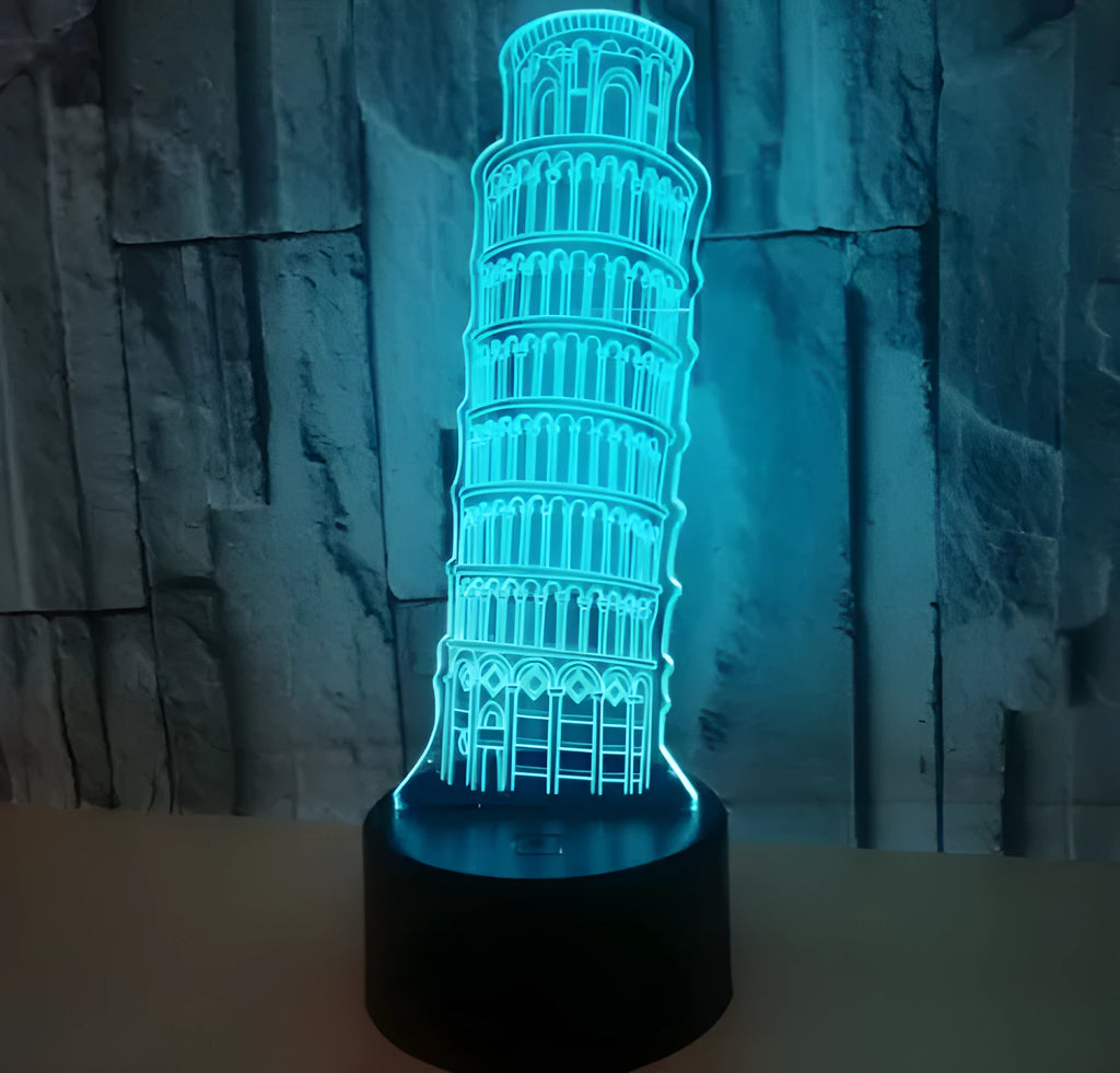 3D Leaning Tower of Pisa nightlight showing colour-changing acrylic design on black ABS base