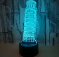 3D Leaning Tower of Pisa nightlight showing colour-changing acrylic design on black ABS base