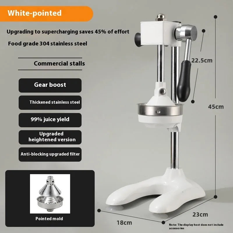 Stainless steel manual vertical juicer on a countertop, showing options for black, silver, orange, white, and electroplated finishes with pointed, flat, and double head tips.