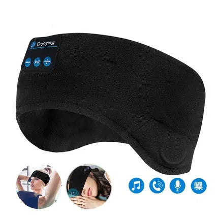 Black Bluetooth sleep eye mask with integrated small earphones showing head-mounted design