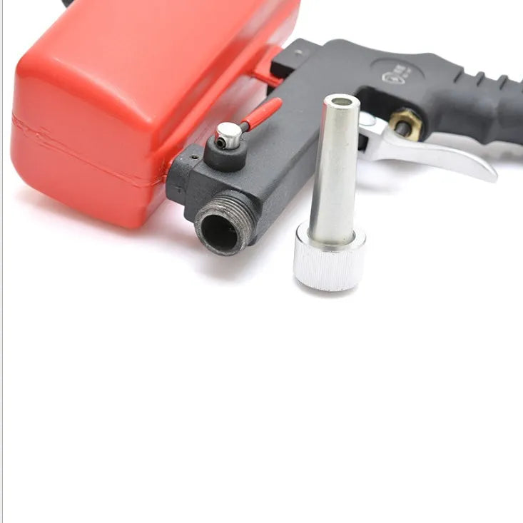 Portable black or blue gravity feed pneumatic sandblasting gun with upper pot tank.
