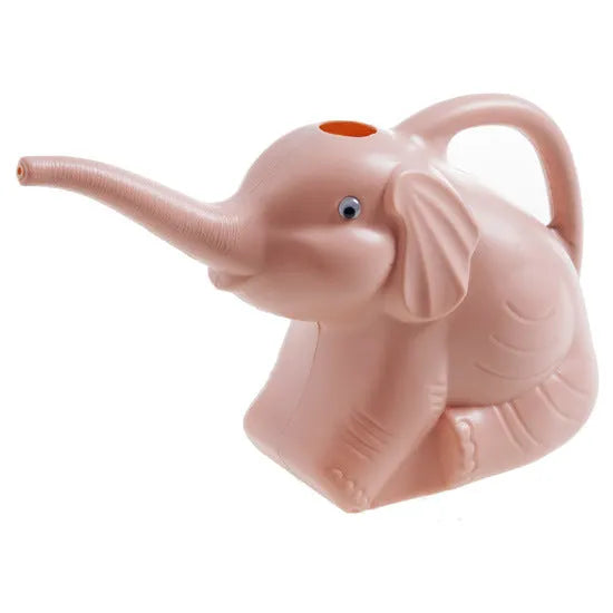 Pink elephant-shaped children's watering can with a long nozzle and baby bottle handle.
