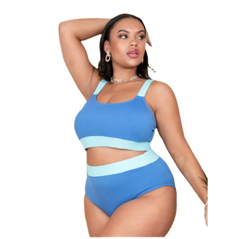 Women's high-waisted bikini set in solid colour with split-front top