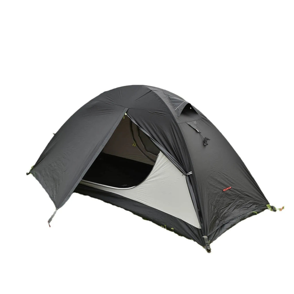 Single person camping tent with aluminium poles shown in expanded position with orange colour option
