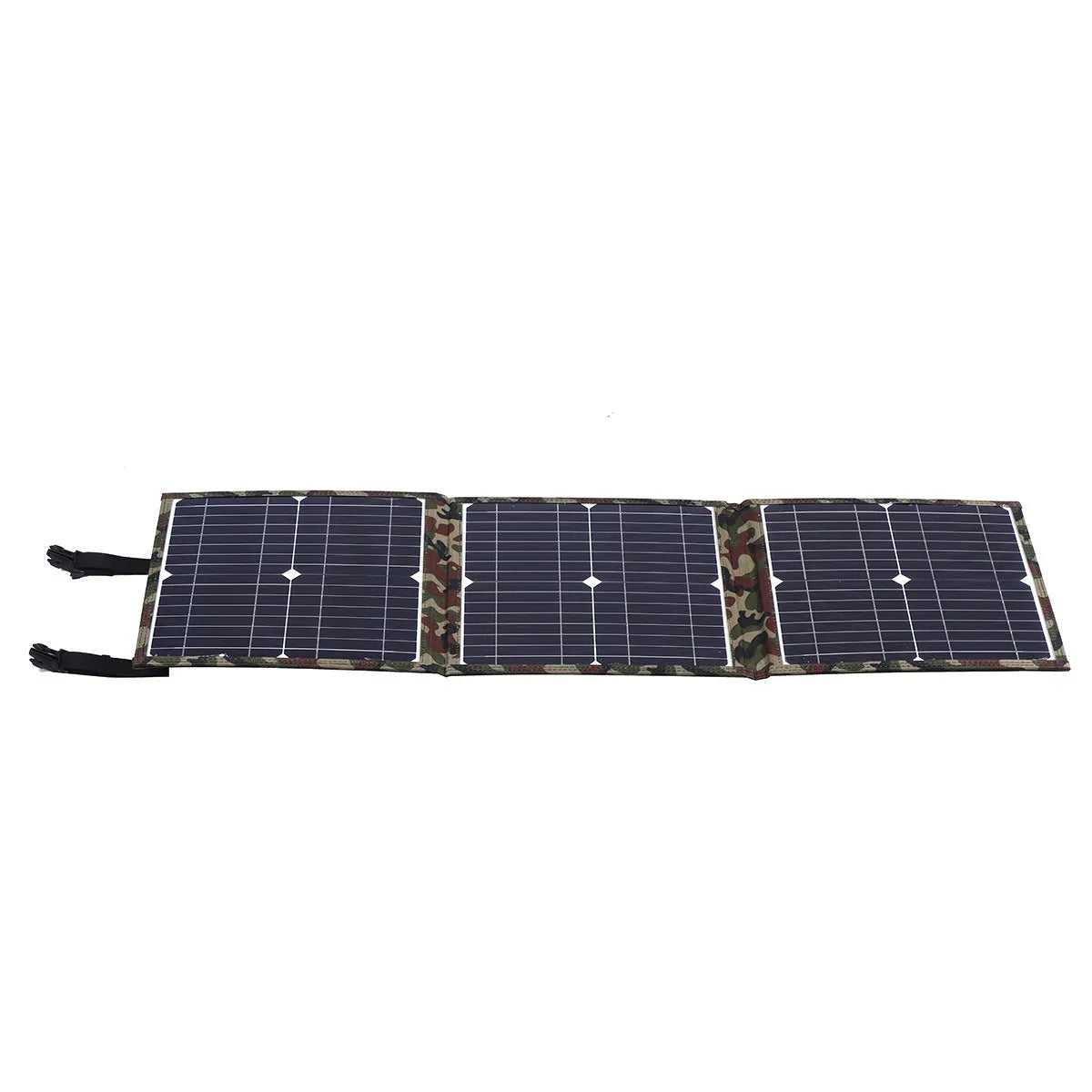 Black foldable solar panel unfolded showing three monocrystalline solar cells, with accessories including car charger and USB box