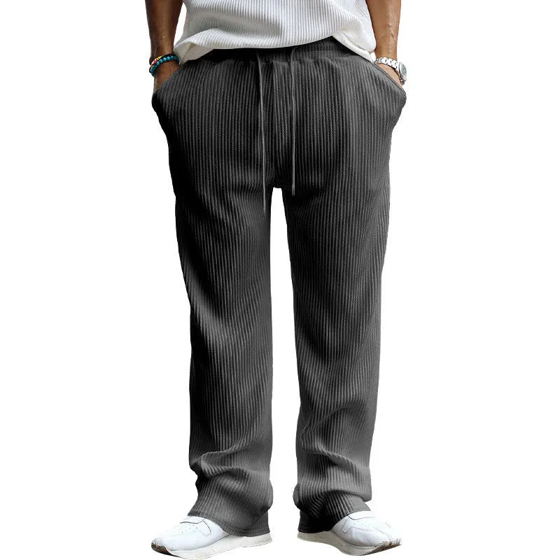 Men's loose fit high waist straight leg casual trousers in polyester with micro elasticity