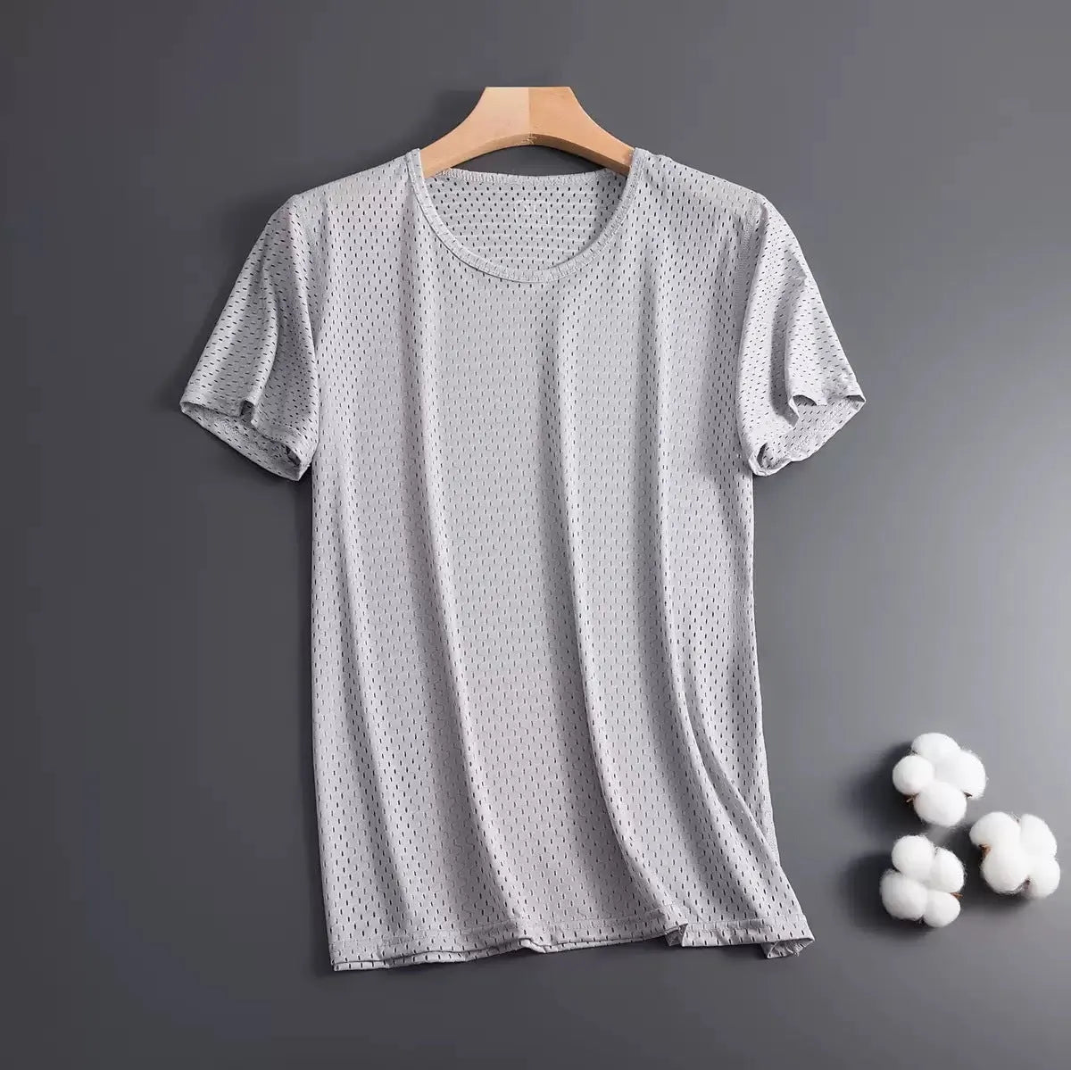 Men's ice silk short sleeve t-shirt in loose fit regular cut, shown in available colours black, white, navy blue, gray and wine red
