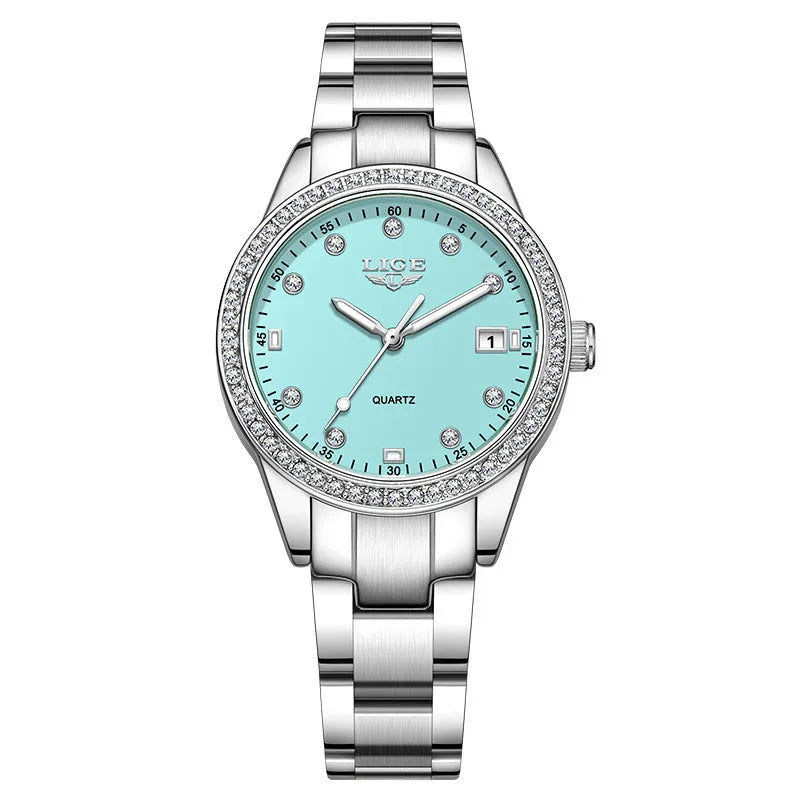 Women's fashion quartz watch with stainless steel case, diamond bezel, and luminous hands in silver colour options