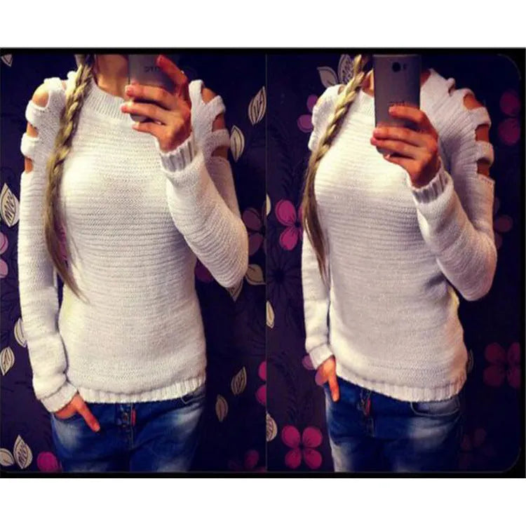 Women's grey knitted round neck shirt with decorative hollow-out long sleeves.