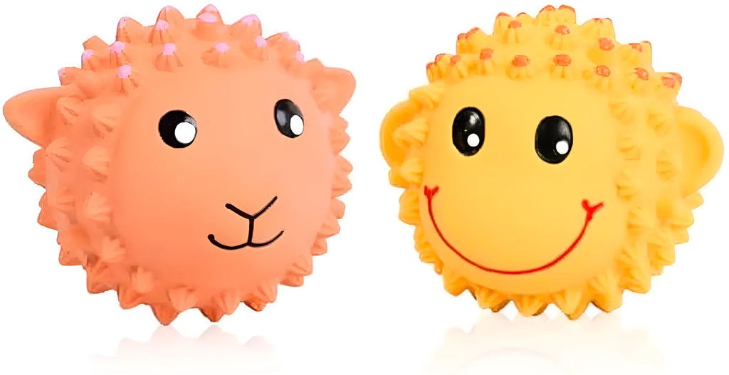 Orange and yellow latex dog toys with spiky texture and animal designs for small medium breeds