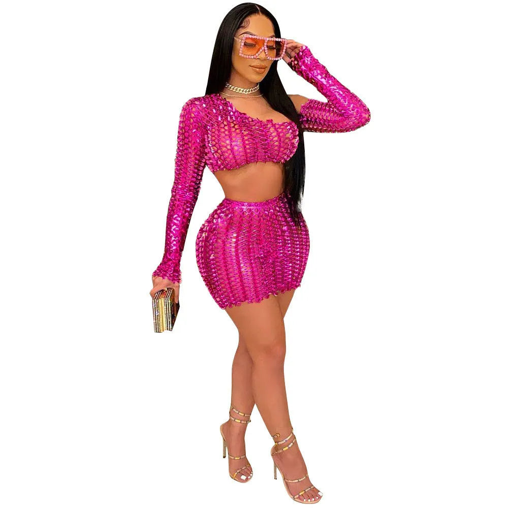 Women's hollow-out two-piece dress set with net hole detail on sleeveless top and short skirt
