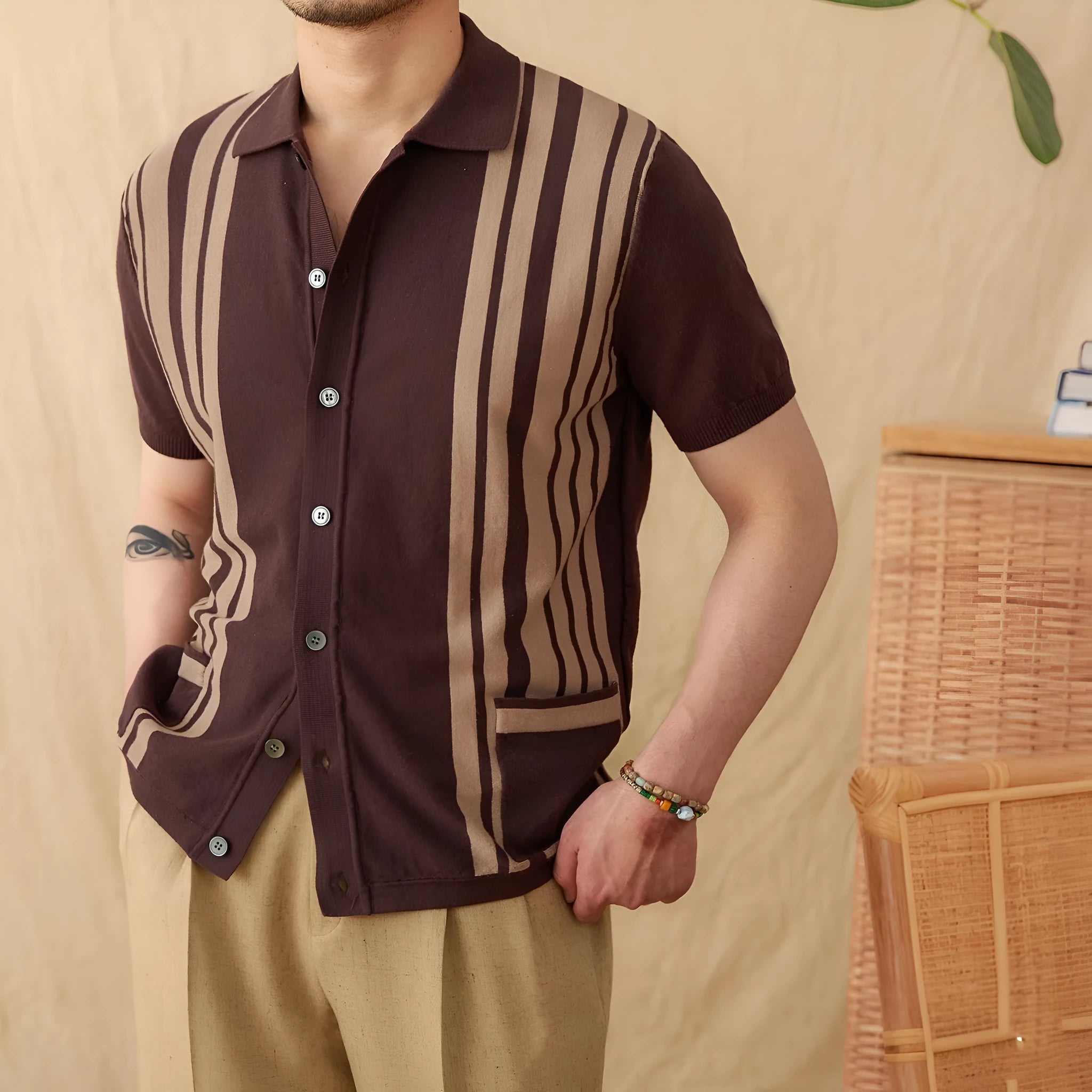 Men's striped cardigan polo shirt with lapel collar and short sleeves in cotton blend fabric