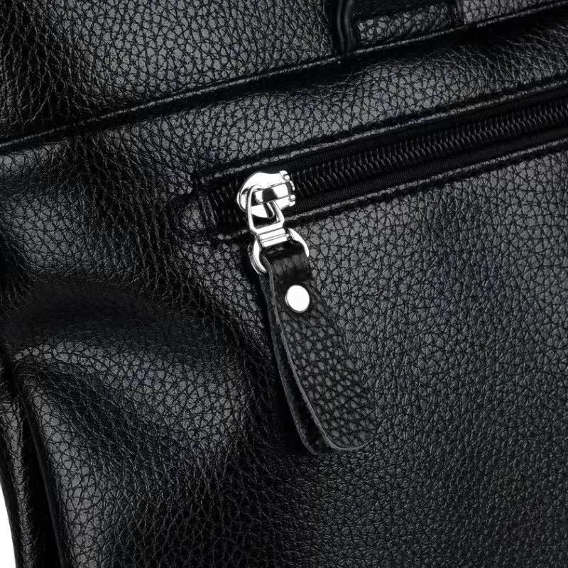Men's black PU leather messenger bag with splicing design, 35cm wide business shoulder bag